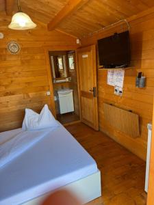 a bedroom with a bed and a flat screen tv at Casute Enea Baile Figa cu Aer condiționat in Agrişu de Sus