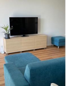 a living room with a blue couch and a flat screen tv at RELAX apartmán Trenčianske Teplice in Martinske Hole +5 photos