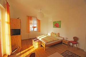 a bedroom with a bed and a television and a window at Villa Sonnenblick in Sebnitz