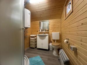 a wooden bathroom with a sink and a toilet at Luna de miere in Cinciş