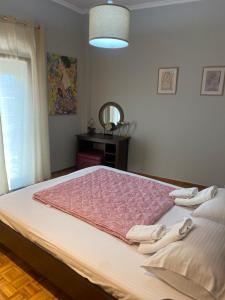 a bedroom with a large bed with a pink blanket at Lydia's City View Apartment in Ioannina