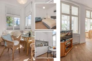 eine Collage mit Fotos von einem Schlafzimmer und einem Wohnzimmer in der Unterkunft Villa Martha Apartment 3 in Heringsdorf