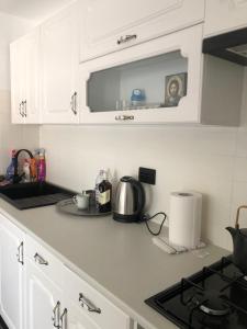 a kitchen with white cabinets and a stove top oven at Ulita in Bumbeşti-Jiu