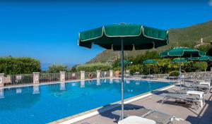 a large swimming pool with chairs and umbrellas at Hotel Ristorante Borgo La Tana in Maratea