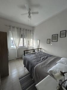 a bedroom with a bed and a ceiling fan at Moderna Yaya - Andros Chora in Andros