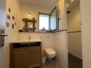 a bathroom with a sink and a toilet and a window at Haritza in Ahetze +24 photos