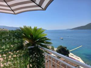 a view of the ocean from a balcony with a palm tree at Bay View Apartment in Herceg-Novi