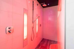 a pink bathroom with a shower and a sink at Wellness aan de Vecht - Begane grond by Droomvilla in Dalfsen +19 photos