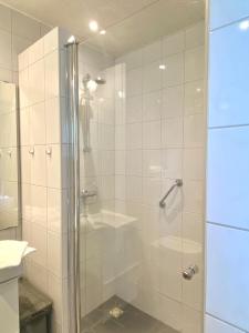 una ducha con puerta de cristal en un baño en NIEUW vanaf juli 2025 Vakantiewoning Borkeldrust, en Rijssen
