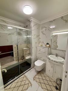 a bathroom with a shower and a toilet and a sink at Studio avec grand balcon - Roquebrune Cap-Martin proche Menton et Monaco in Roquebrune-Cap-Martin