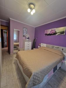 a bedroom with a bed and a purple wall at Apartamento Riells in L'Escala