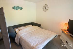 a small bedroom with a bed and a television at Superbe T3 climatisé avec WIFI à 400m de la plage in Vias