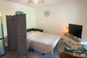 a bedroom with a bed and a flat screen tv at Superbe T3 climatisé avec WIFI à 400m de la plage in Vias