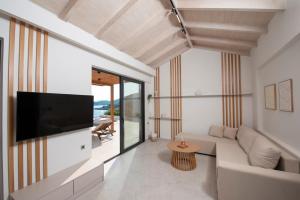 a living room with a couch and a flat screen tv at Lefkira Seafront Villa in Évyiros