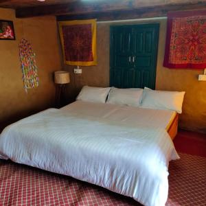 マナリにあるHimalayan Huts and Mud houseのベッドルーム(大きな白いベッド1台、緑のドア付) +14枚の写真