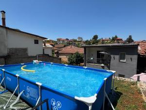 a large blue swimming pool with a banana on it at Edelweiss Villa Trpejca in Ohrid