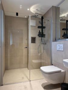 a bathroom with a shower and a toilet and a sink at Be Grand Apartments Rust in Rust +46 photos