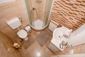 a bathroom with a toilet and a sink and a shower at Rooms and Apartments Lidija in Lopar +68 photos