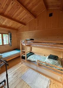 a room with two bunk beds in a cabin at Butelkowa Zieleń in Wejsuny