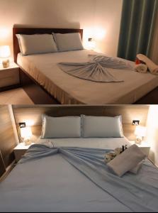 2 foto di un letto in una camera di Carpe Diem Apartments-Hotel a Shëngjin