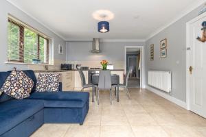 a living room with a blue couch and a kitchen at The Willows - Peaceful Retreat in Saundersfoot