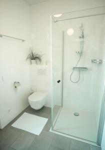 a white bathroom with a shower and a toilet at Apartment Residenz in Klagenfurt +7 photos