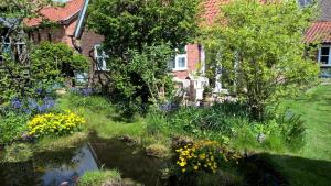 a garden with a pond in front of a house at Little Furrows, Wenhaston in Wenhaston