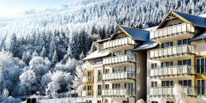 un hotel in montagna con alberi innevati di Apart Czarna Góra Resort Rowery, Spa, Narty, Góry a Sienna