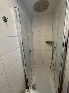 a shower with a glass door in a bathroom at Avenue Das Gästehaus in Chemnitz