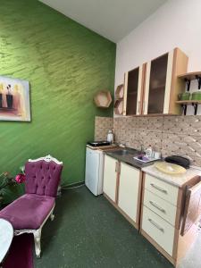 a small kitchen with green walls and a purple chair at Apartment Boka Heart in Plagente