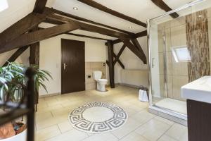 a bathroom with a toilet and a glass shower at Seminarhaus Heim Retreat, Fachwerkhaus von 1451, Yoga, Naturgarten für 10 Personen in Ellenz-Poltersdorf +91 photos