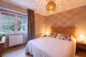 una camera con letto e luce a ciondolo di Séjour nature dans un charmant cottage a Saint-Aubin-dʼAubigné