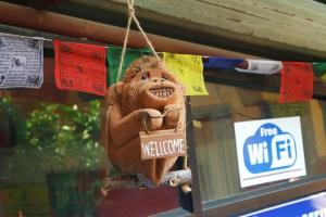 una scimmietta di peluche è appesa a una corda di Pokhara Wanderer Hostel a Pokhara