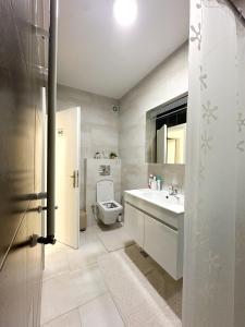 GnjilaneにあるCozy room, 5 min to centerのトイレと洗面台を備えた白いバスルーム