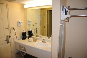 a bathroom with a sink and a large mirror at Boarders Inn and Suites by Cobblestone Lamar Missouri in Lamar