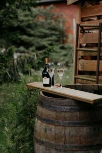 a bottle of wine and two glasses on a barrel at Pärchen Auszeit am Rande der Heide Tokajer Zimmer in Schwienau