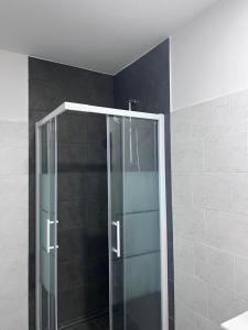 a glass shower in a bathroom with a black wall at Royal Racing Suite Top 2 near Red Bull Ring in Judenburg