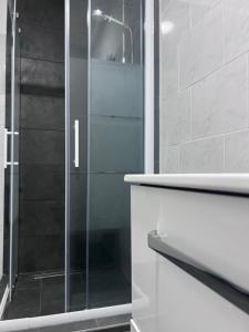 a shower with a glass door in a bathroom at ROYAL RACiNG SUiTE TOP 2 in Judenburg