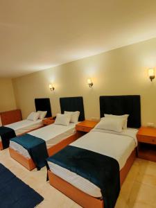 سرير أو أسرّة في غرفة في Kush Hotel, Grand Museum & Pyramids View