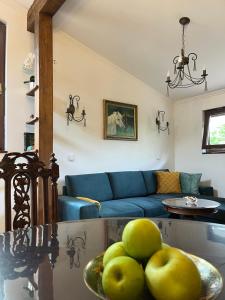 a living room with a bowl of apples on a table at River's house, free parking! in Sofia