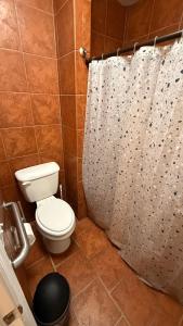 a bathroom with a toilet and a shower curtain at M13 Large Master Room with Private Bathroom & Smart TV in Orlando