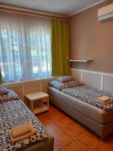 pokój hotelowy z dwoma łóżkami i oknem w obiekcie Karpatia Panzio w mieście Ostrzyhom