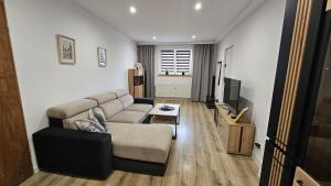 a living room with a couch and a television at Apartament Tuwima 1 in Prudnik