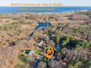 an aerial view of a house with a road sign at Washington's Rye House AC Bikes New Kitchen in Rye