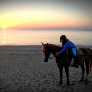 ヌマーナにあるAgriturismo Hornosの浜辺の馬に乗る女