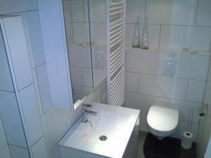 Skoallehus vakantiewoning في دي بولت: حمام ابيض مع مرحاض ومغسلة