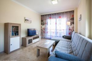 a living room with a couch and a tv at Residencial Playa de La Arena in Puerto de Santiago