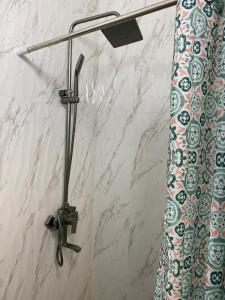 a shower head and a shower curtain in a bathroom at Etalon Apartment in Zhezdi