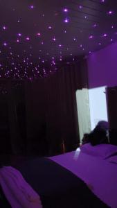 a purple bedroom with purple lights on the ceiling at Rain view wayanad in Wayanad