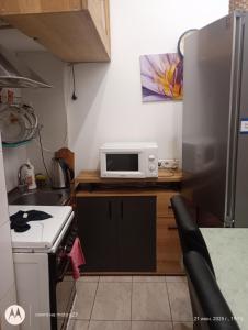 a small kitchen with a microwave on a counter at Deribasovskaya Shanti electricity all time in Odesa